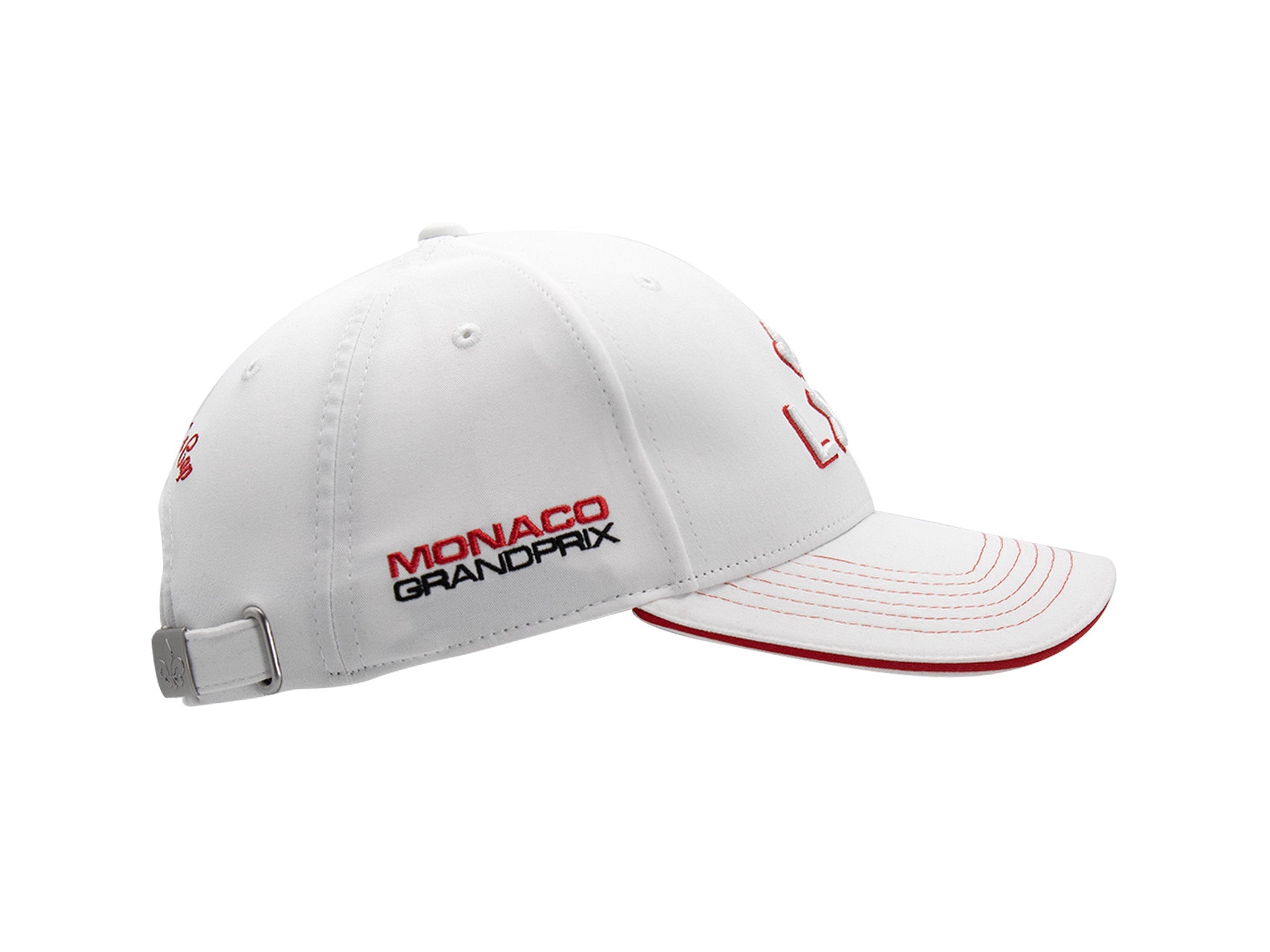 Casquette LXH x Monaco GP coton blanc profil droit, broderie MONACO rouge et GRANDPRIX noire, liseré rouge visière.