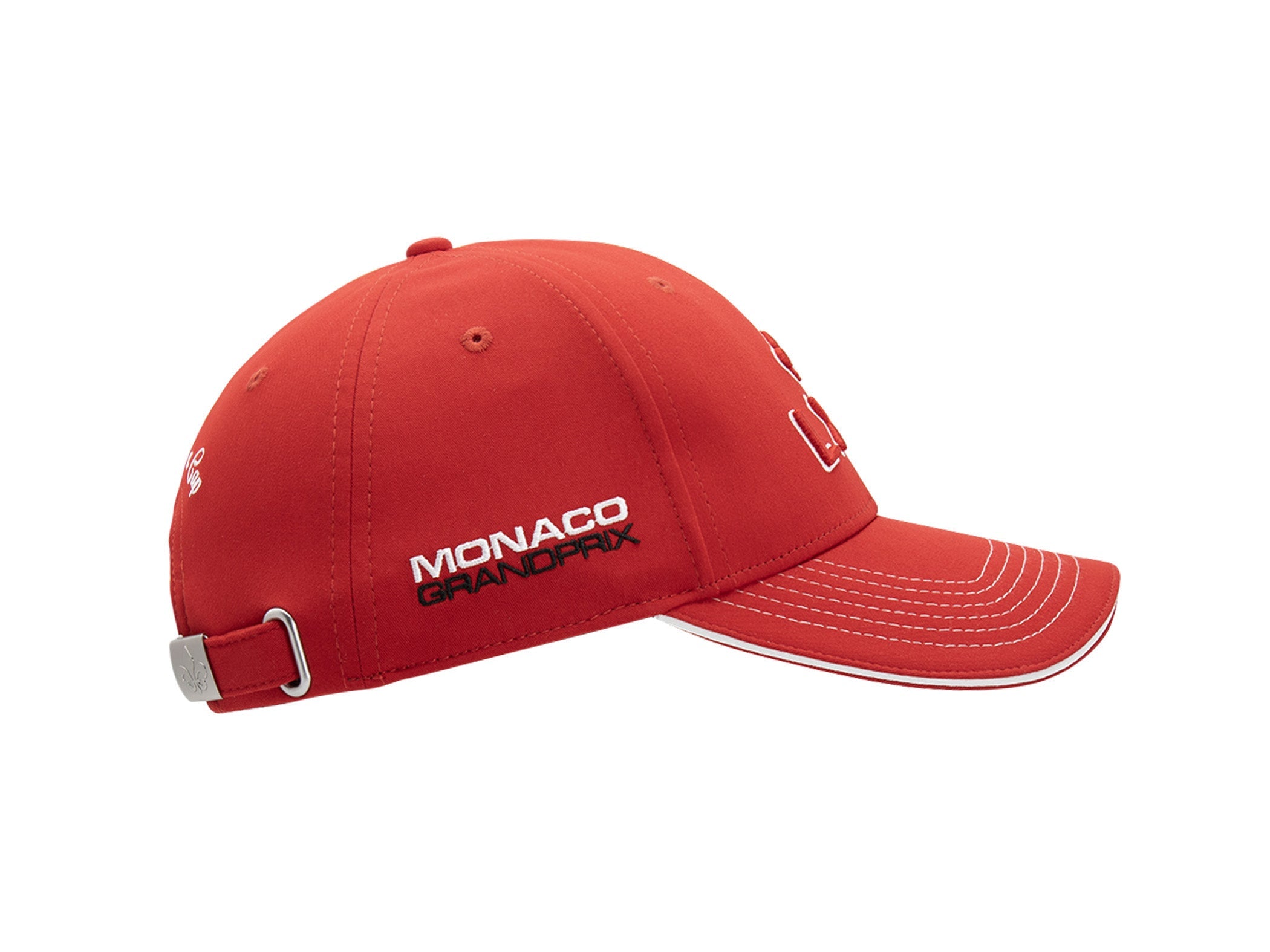 Casquette LXH x Monaco GP coton rouge vue de profil avec broderie MONACO blanche et GRANDPRIX noire sur panneau latéral