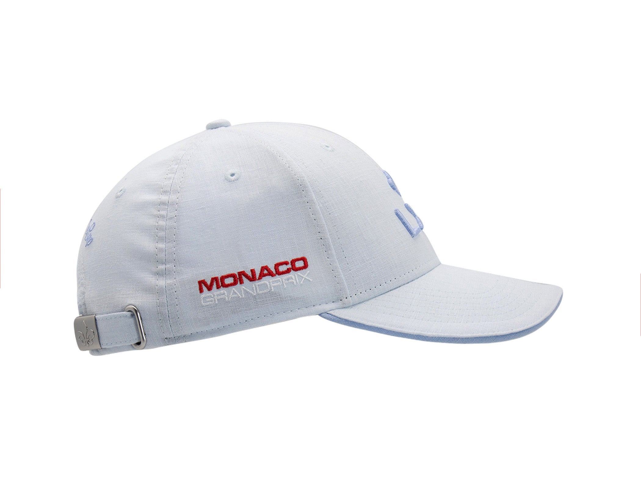 Casquette LXH x Monaco GP lin bleu ciel vue de profil avec broderie MONACO GRANDPRIX rouge et blanche sur panneau latéral