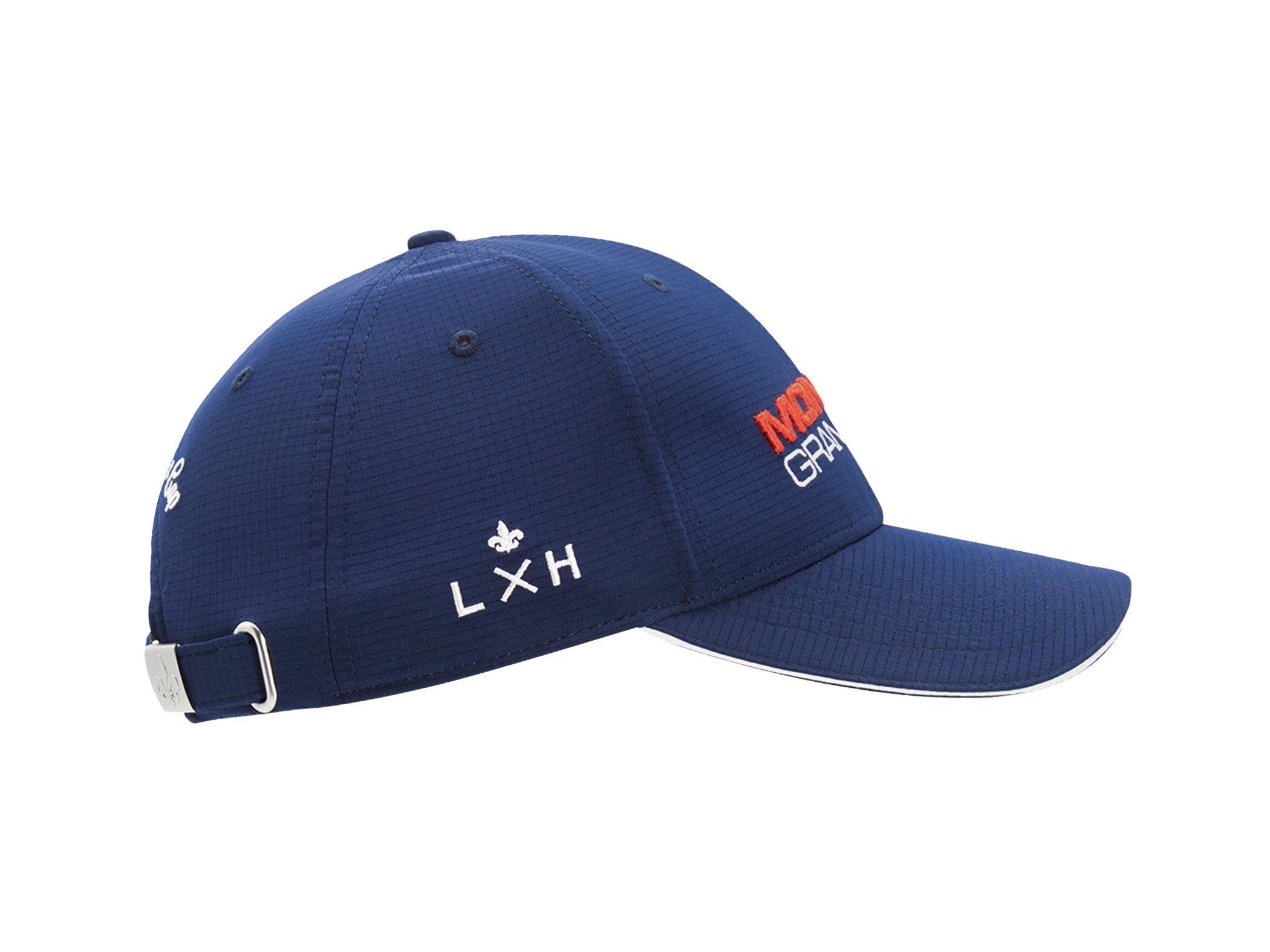 Profil gauche casquette nylon sport bleu marine LXH, blason LXH fleur de lys blanc, passant métal fleur de lys.