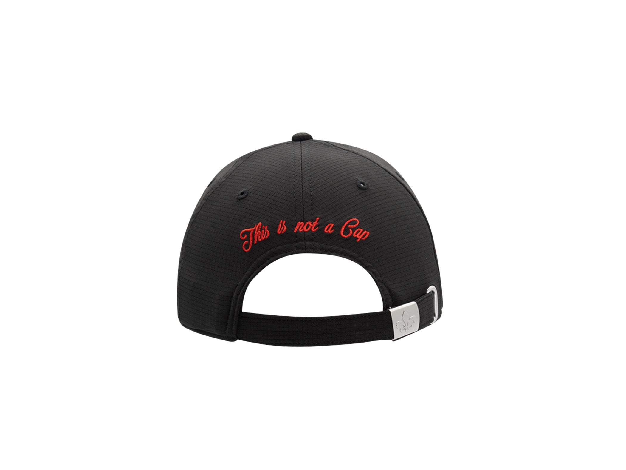 Dos casquette nylon sport noir LXH, broderie cursive rouge This is not a Cap, sangle réglable, passant métal fleur de lys.
