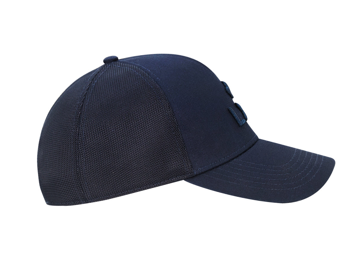 “Escape” Cap in Tone-on-Tone Navy Blue Cotton