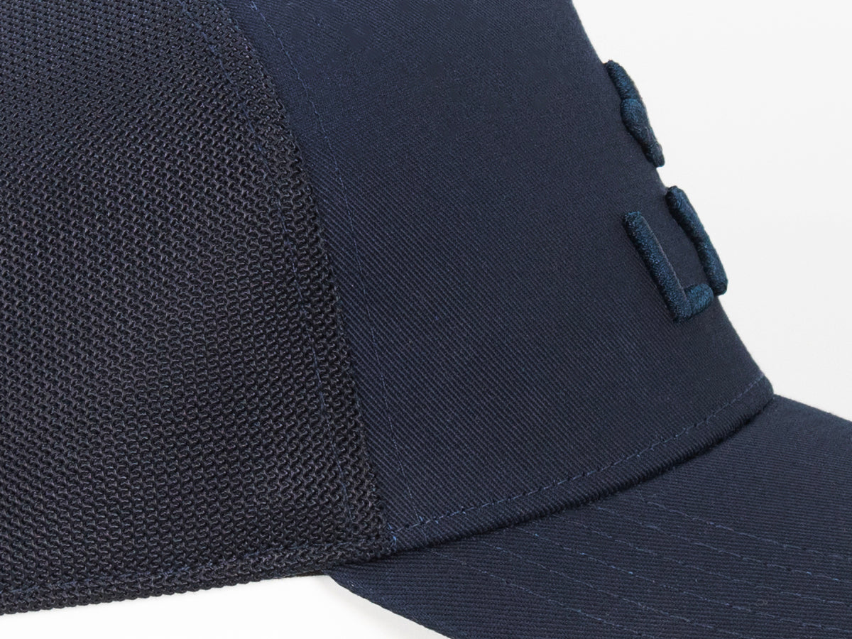 “Escape” Cap in Tone-on-Tone Navy Blue Cotton