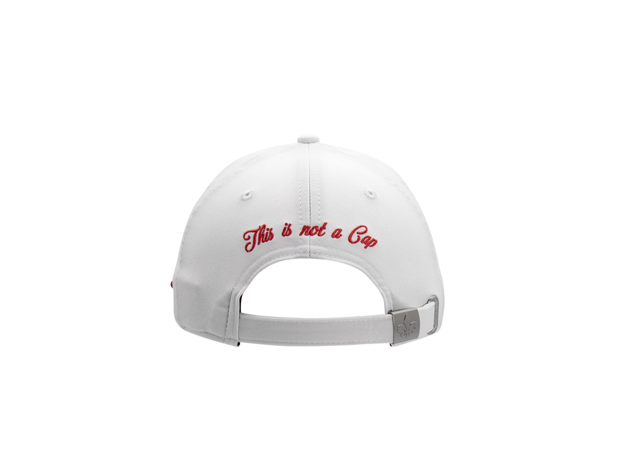Casquette LXH x Monaco GP coton blanc dos, broderie cursive rouge This is not a Cap, passant métal fleur de lys.