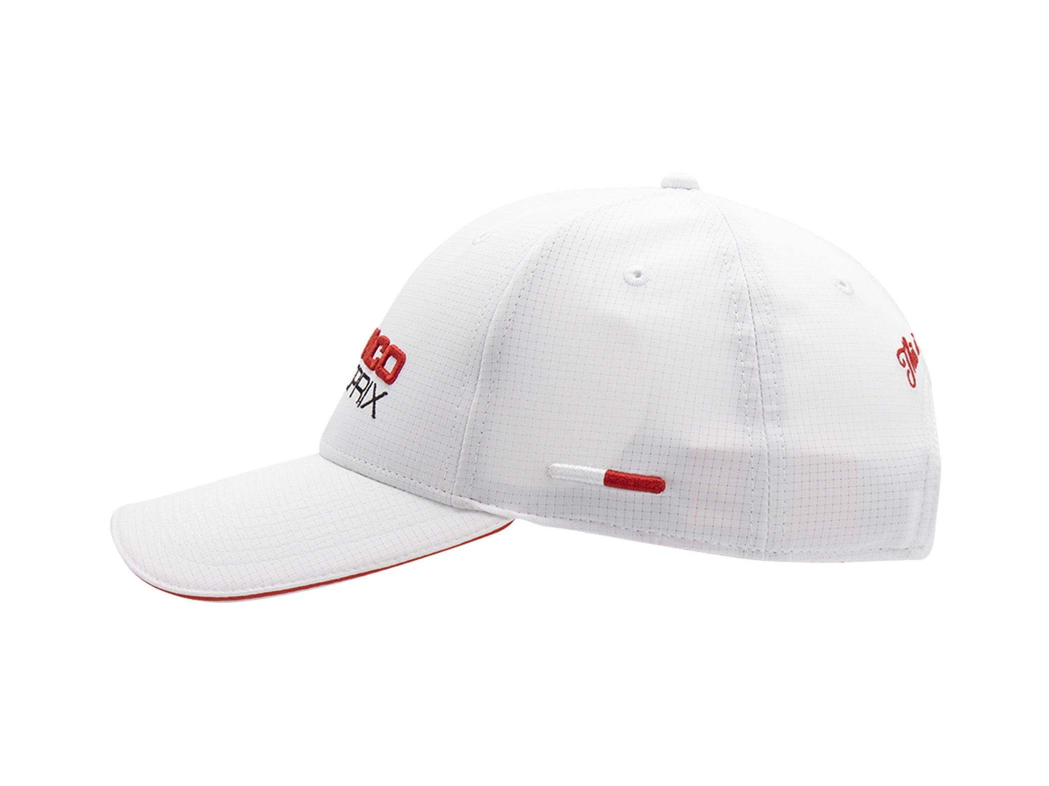 Profil droit casquette nylon sport blanc LXH x Monaco GP, signature script rouge brodée arrière, liseré blanc et rouge