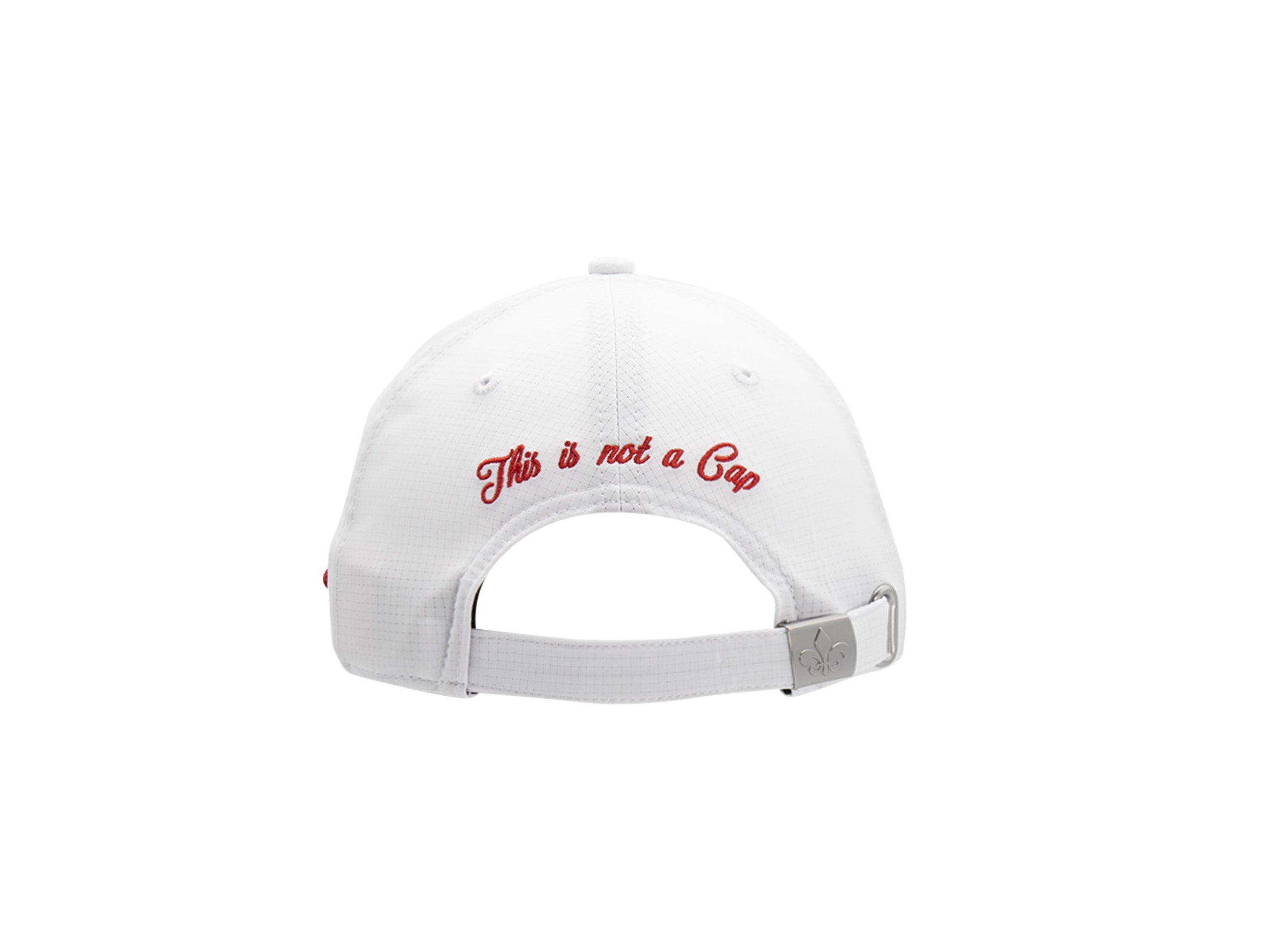 Dos casquette LXH nylon sport blanc, broderie cursive rouge ‹This is not a Cap›, sangle réglable avec passant métal fleur de.