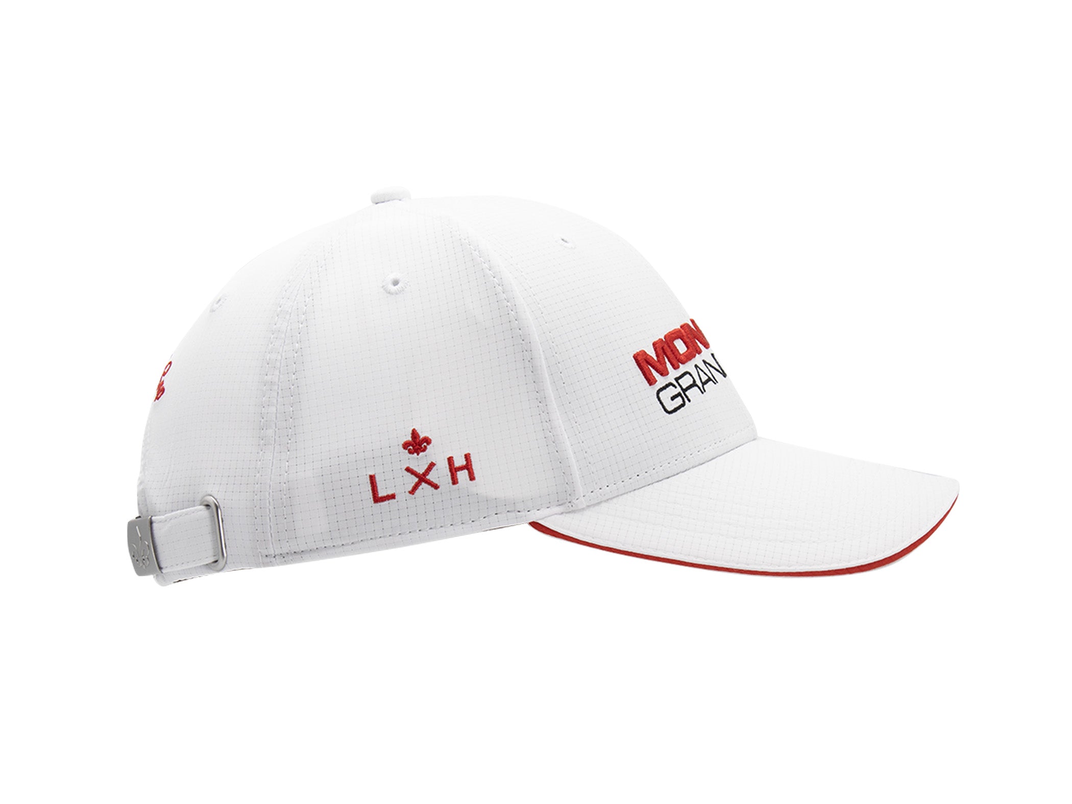 Profil gauche casquette nylon sport blanc, blason LXH fleur de lys rouge brodé, passant métal gravé fleur de lys