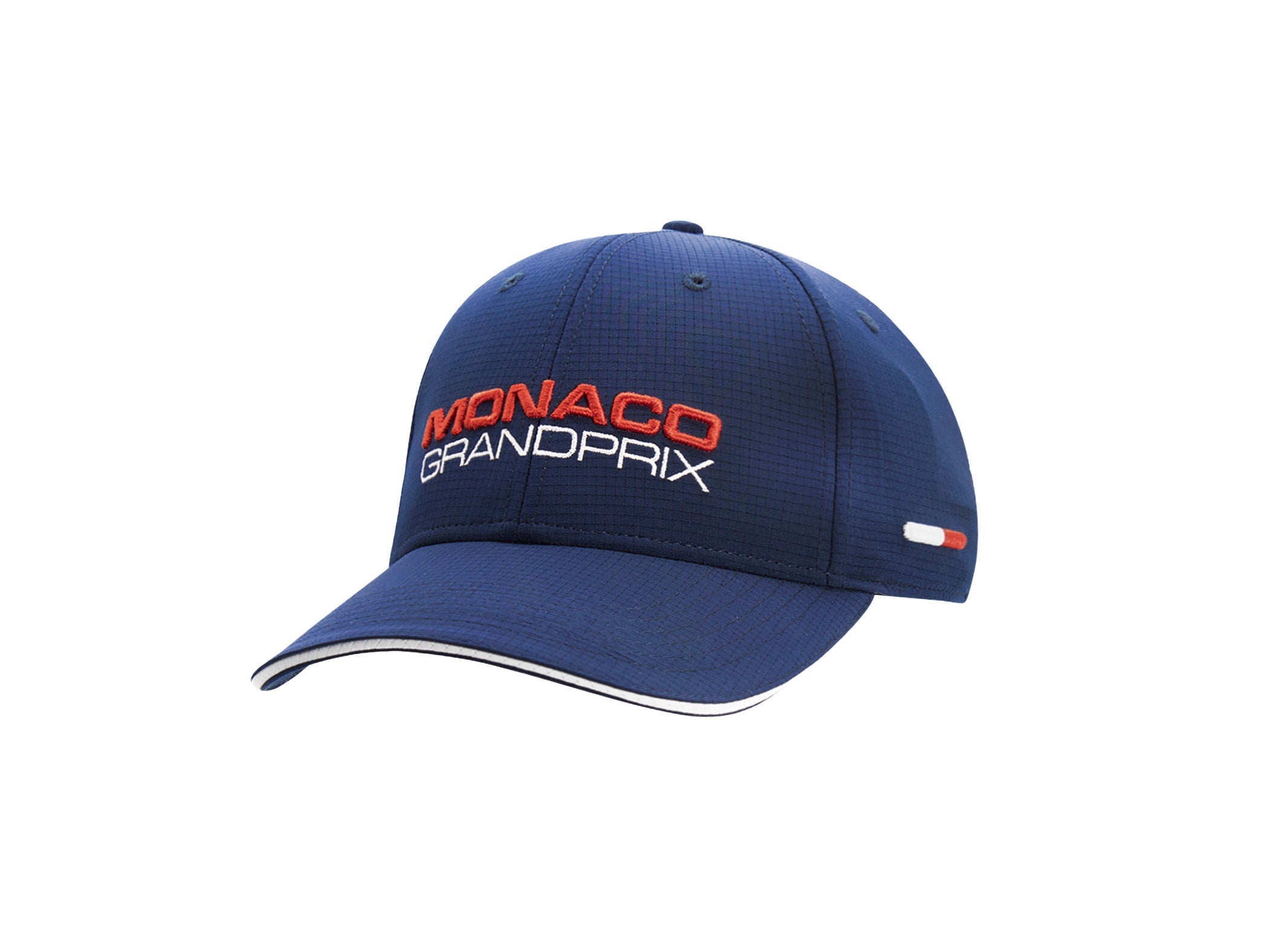 Casquette LXH x Monaco GP nylon sport bleu marine, broderie MONACO rouge GRANDPRIX blanc, sandwich blanc visière.