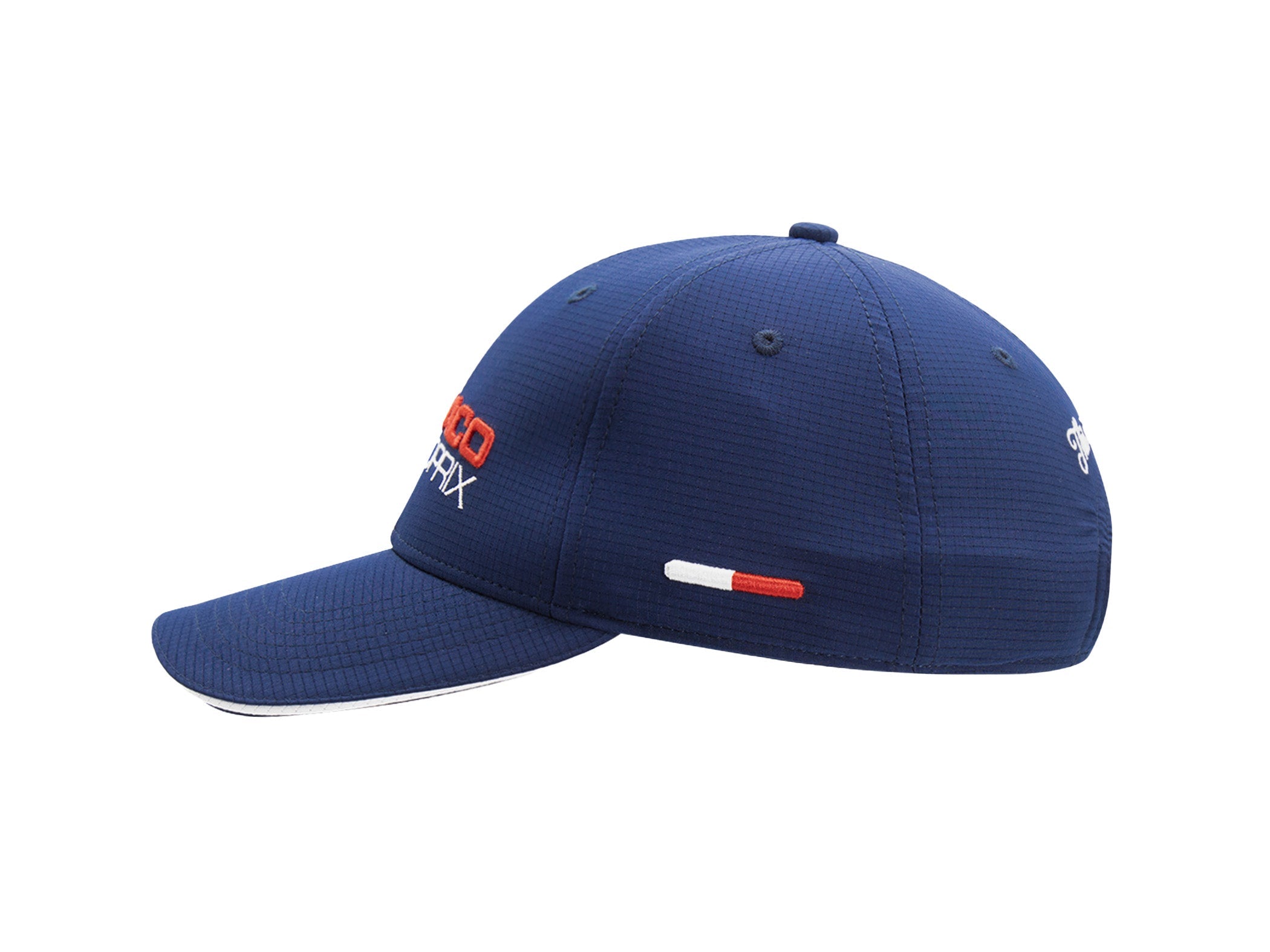 Profil droit casquette nylon sport bleu marine LXH x Monaco GP, signature script blanche dos, liseré tricolore.