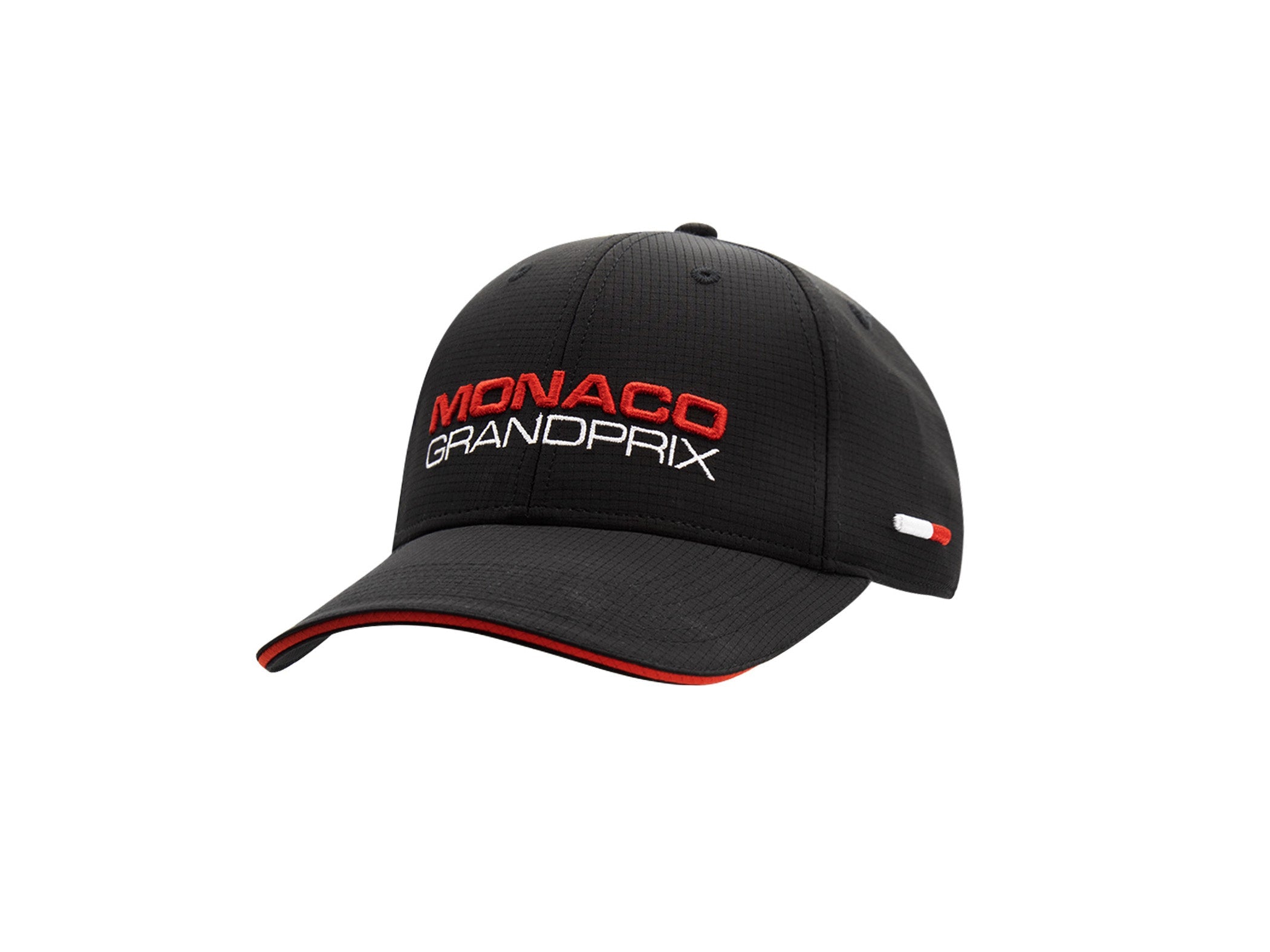 Casquette LXH x MONACO GRAND PRIX nylon sport noir, broderie MONACO rouge et GRANDPRIX blanc, sandwich rouge sur la visière