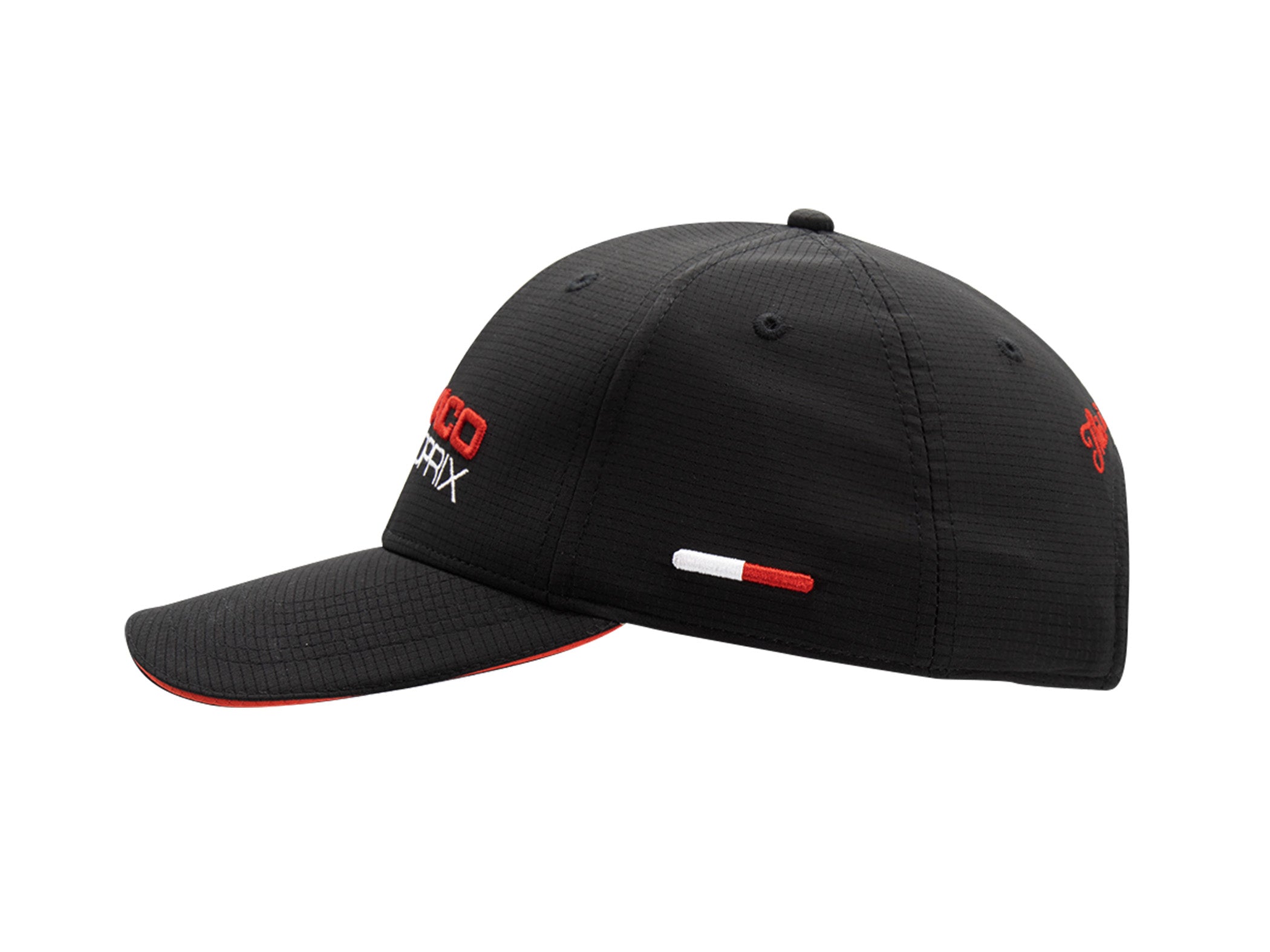Profil droit casquette nylon sport noir LXH x Monaco GP, signature script rouge brodée arrière, liseré tricolore.