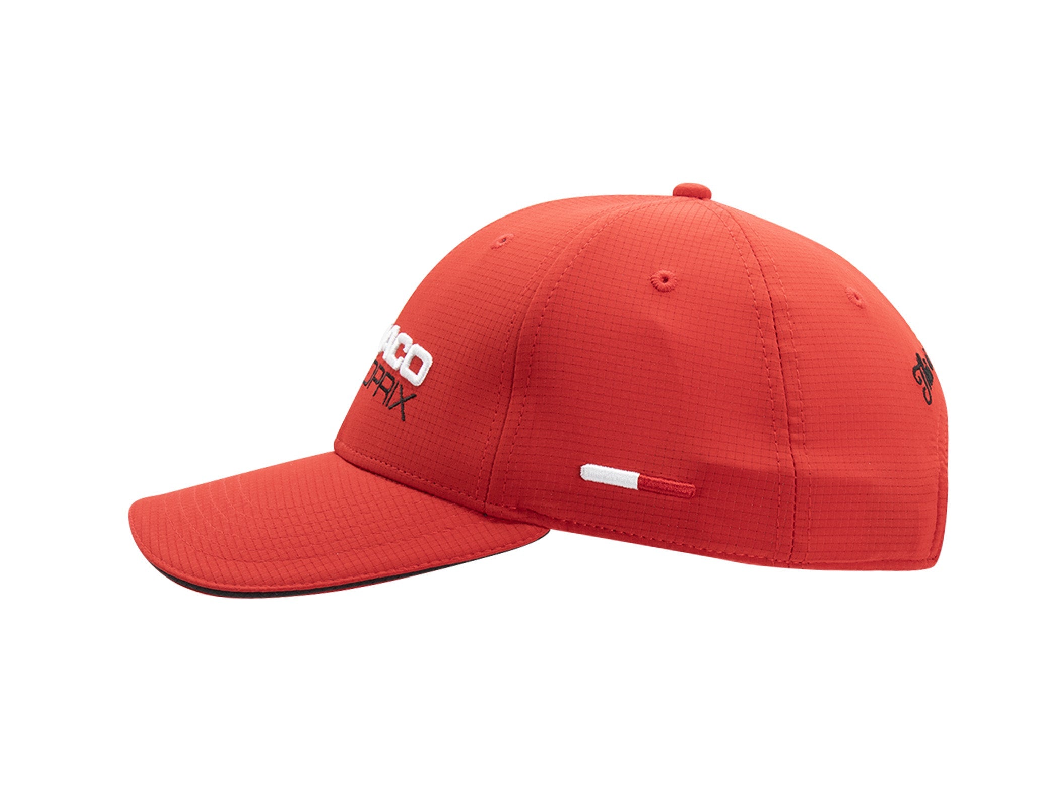 Profil droit casquette nylon sport rouge LXH x Monaco GP, signature script noire brodée arrière, liseré tricolore.