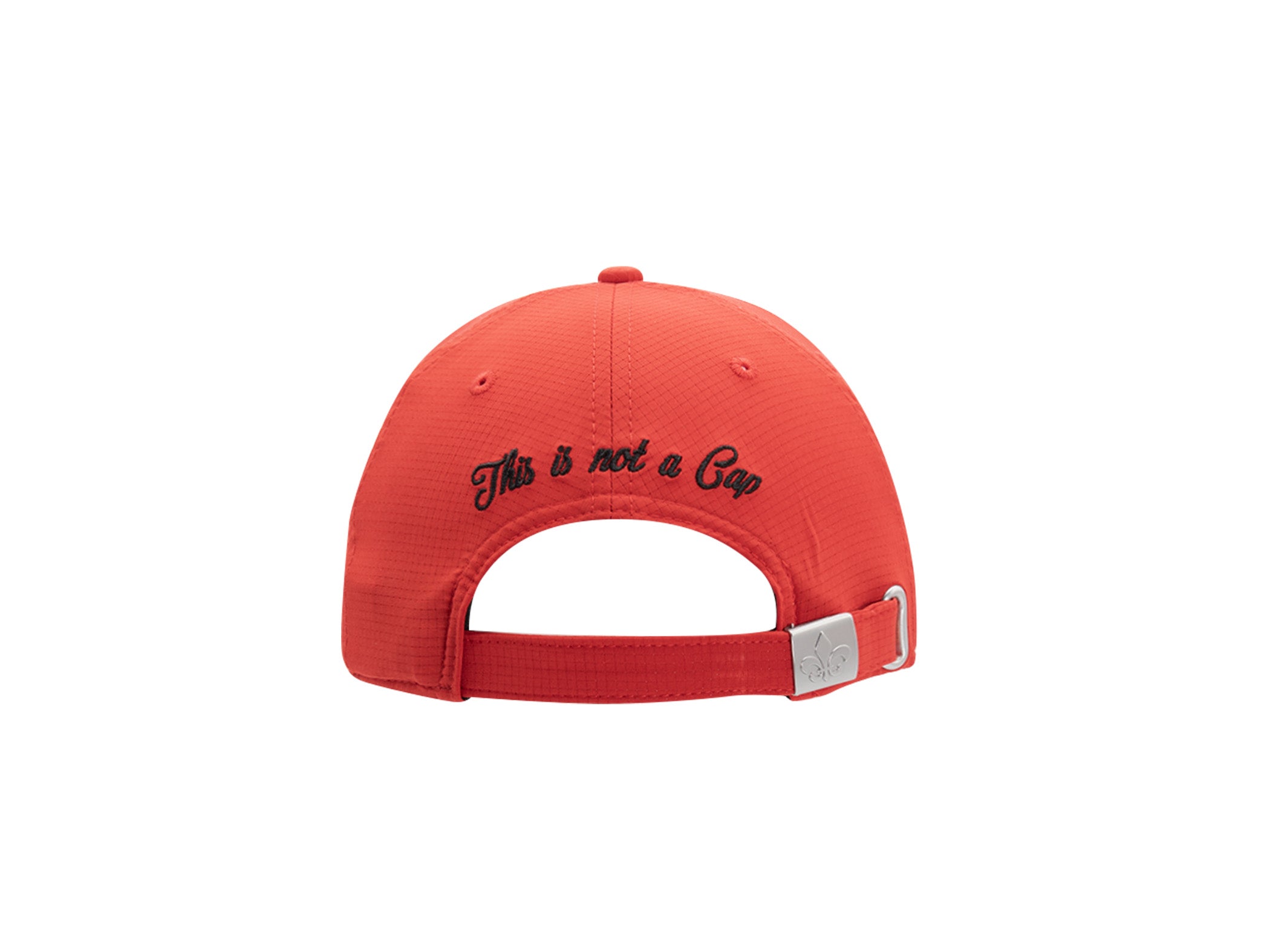 Dos casquette nylon sport rouge LXH, broderie cursive noire This is not a Cap, sangle réglable, passant métal fleur de lys.